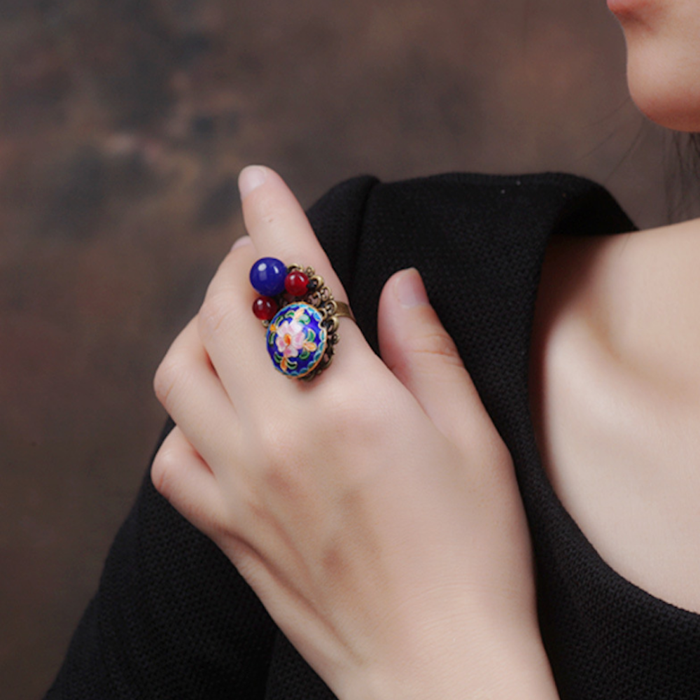 Vintage Ring Blue / Green Flower Ring Jade Ring Palace Ring - Zealer