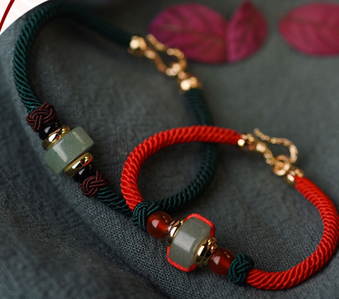 Green Jade Bead Chinese Rope Bracelet Statement Bracelet Infinity Charm Bracelet Couple Bracelet Unique Gift