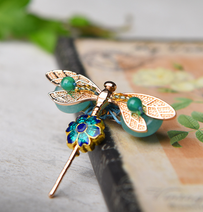 Dragonfly Brooch Flower Collar Pin Jade Brooch Vintage Brooches - Zealer