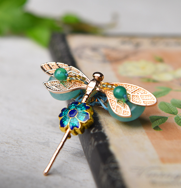 Dragonfly Brooch Flower Collar Pin Jade Brooch Vintage Brooches