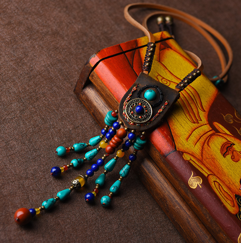 Vintage Colorful Beads Tassels Necklace Leather Necklace