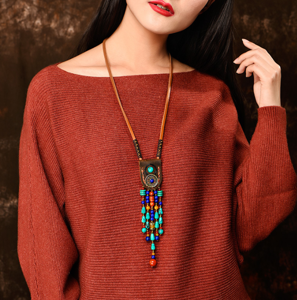 Vintage Colorful Beads Tassels Necklace Leather Necklace - Zealer