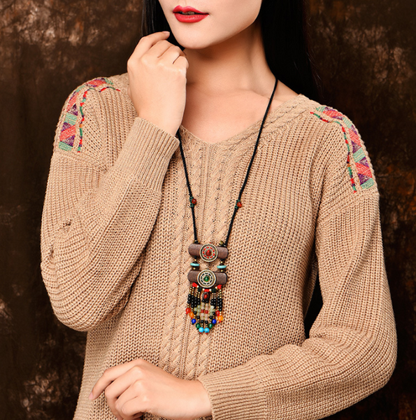 Vintage Colorful Jade Beads Tassels Necklace Waves Necklace