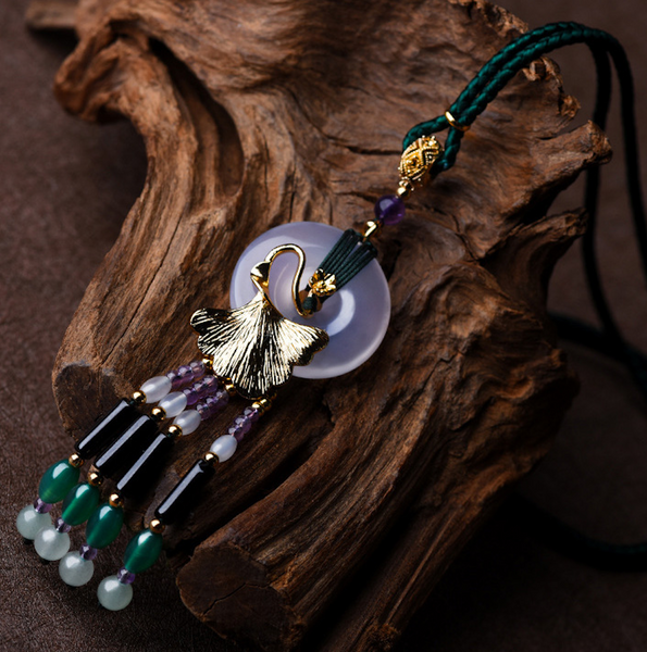Vintage Ginkgo Leaf Tassels Jade Necklace Weaves Necklace