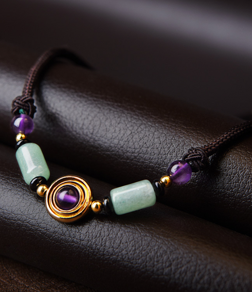 Vintage Green Jade Necklace Purple Crystal Necklace