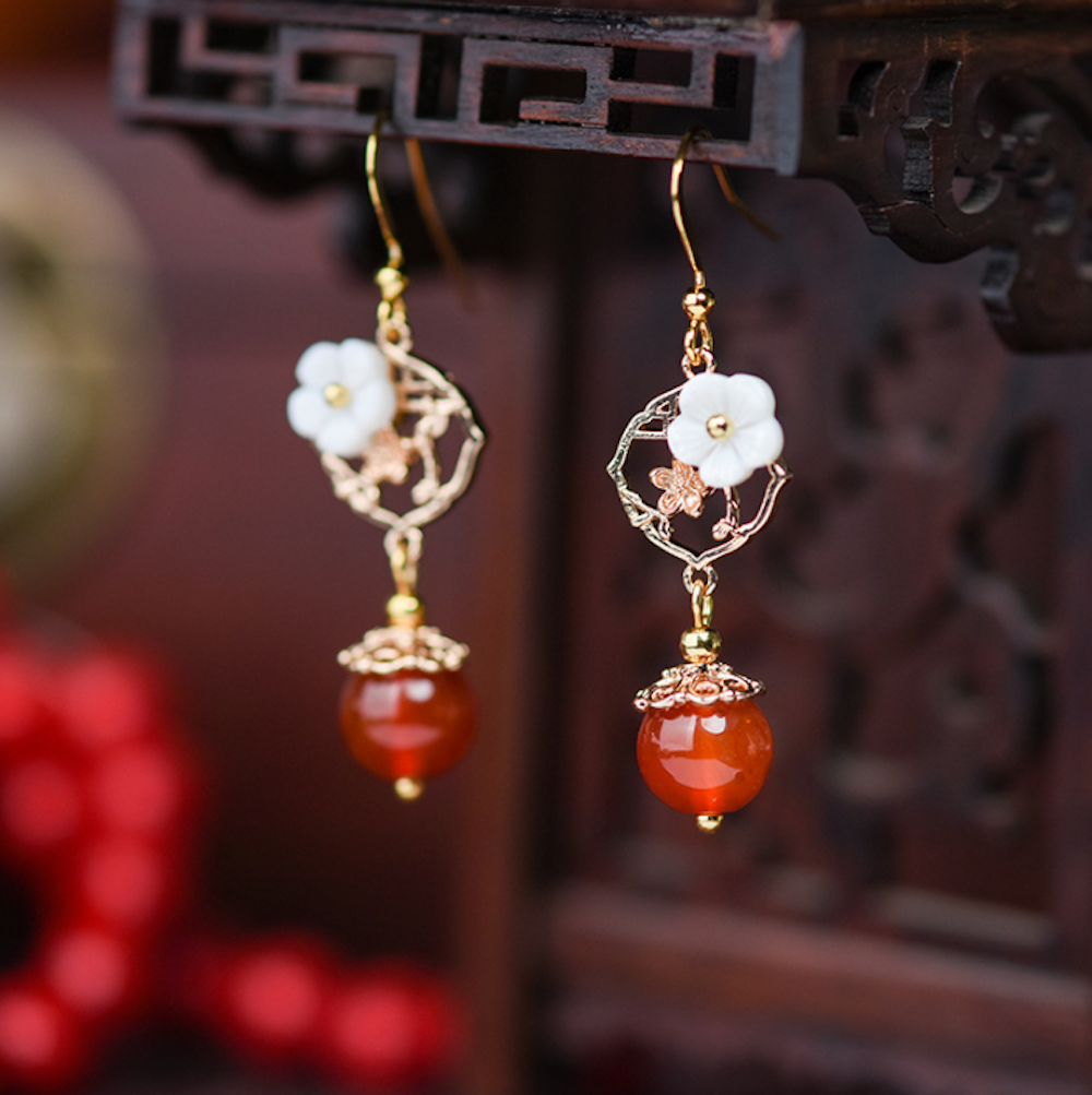 Vintage Red Agate Earrings Flower Short Dangle Earrings - Zealer