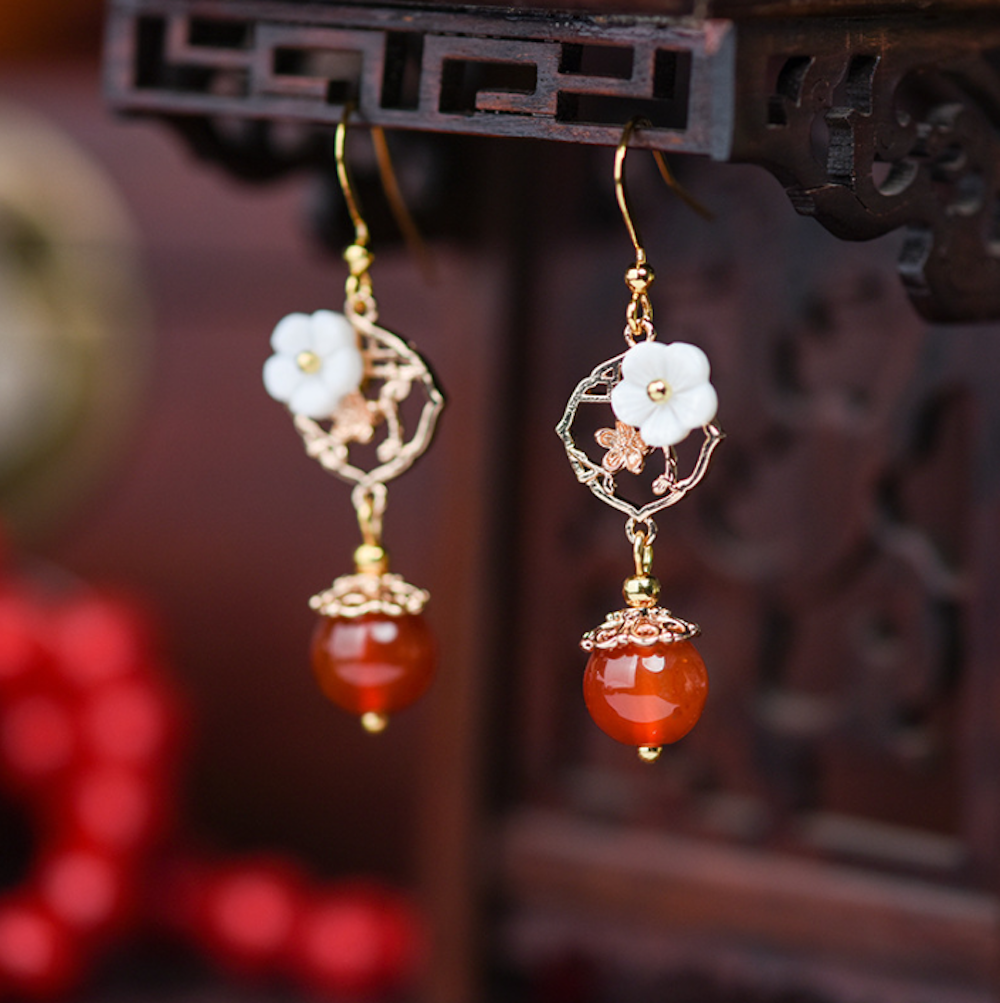 Vintage Red Agate Earrings Flower Short Dangle Earrings