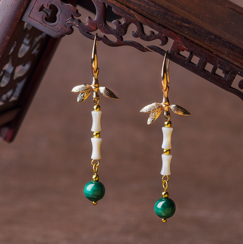 Vintage Green Stones Earrings Bamboo Leaves Long Dangle Earrings