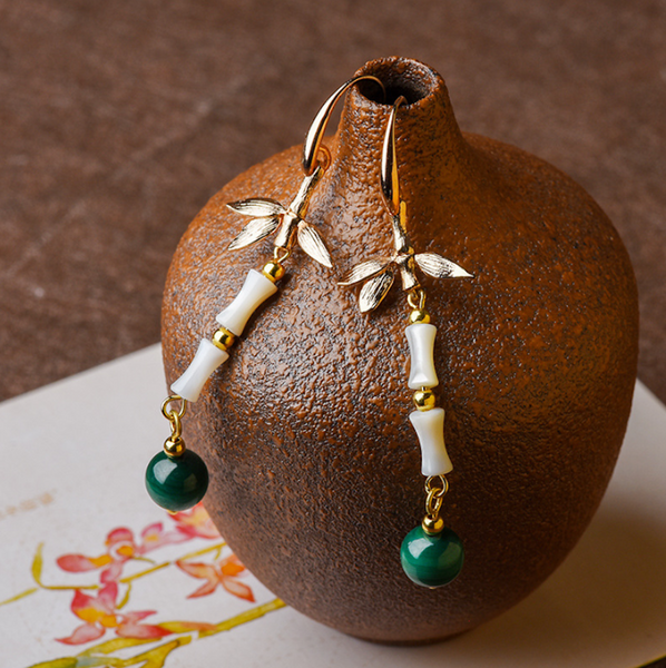 Vintage Green Stones Earrings Bamboo Leaves Long Dangle Earrings