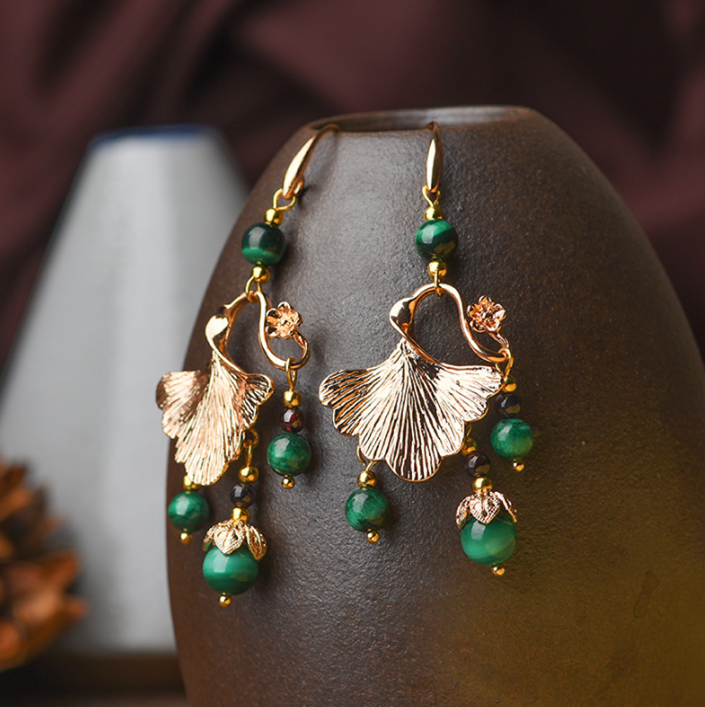 Vintage Green Stones Earrings Ginkgo Leaves Long Dangle Earrings - Zealer