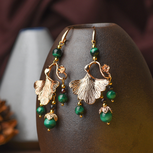 Vintage Green Stones Earrings Ginkgo Leaves Long Dangle Earrings