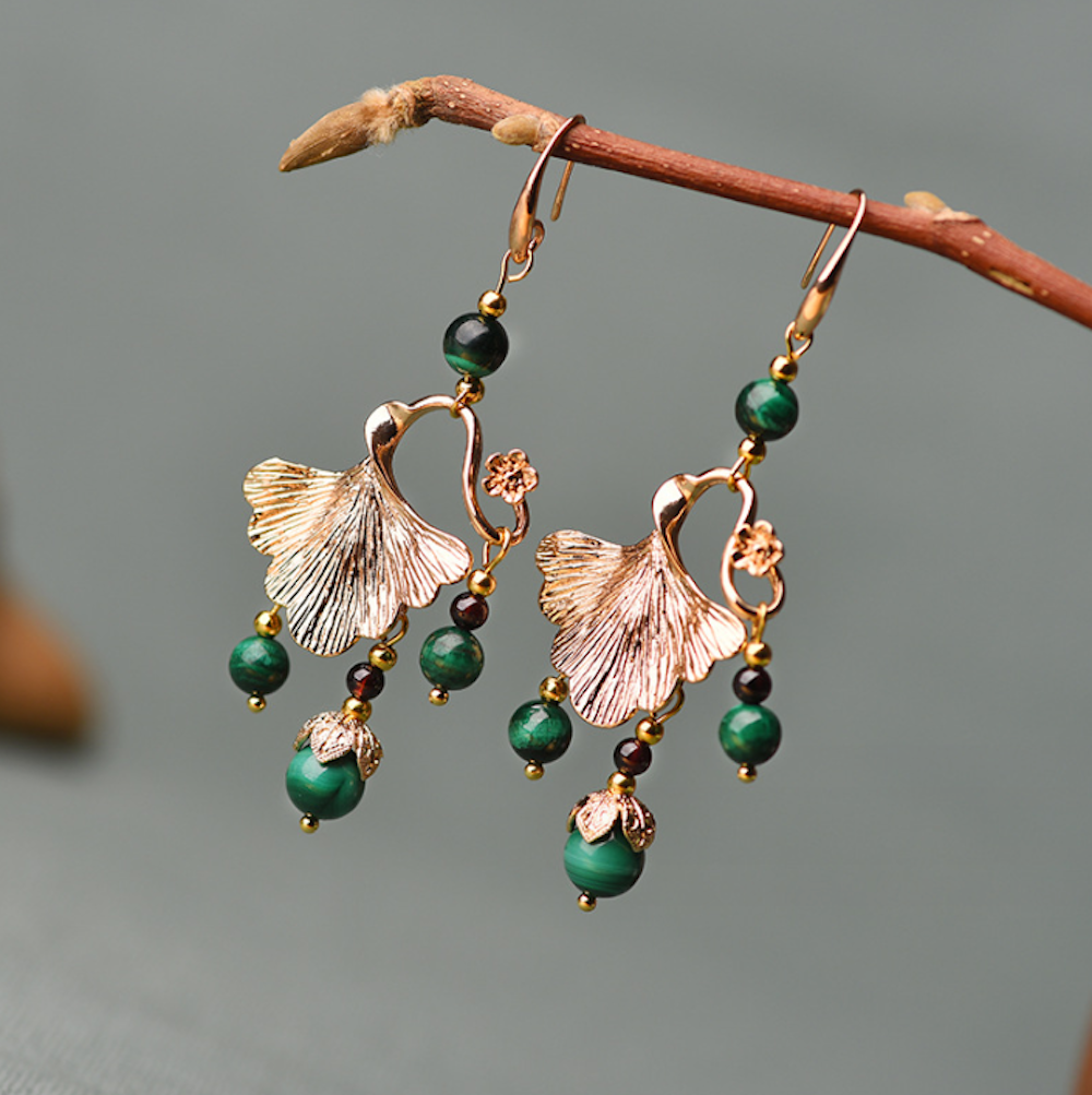 Vintage Green Stones Earrings Ginkgo Leaves Long Dangle Earrings - Zealer