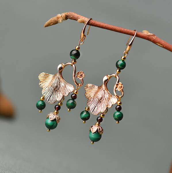 Vintage Green Stones Earrings Ginkgo Leaves Long Dangle Earrings