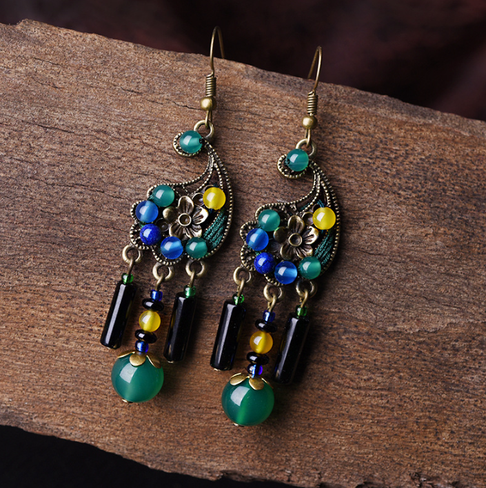 Vintage Jade Beads Earrings Long Tassel Dangle Earrings