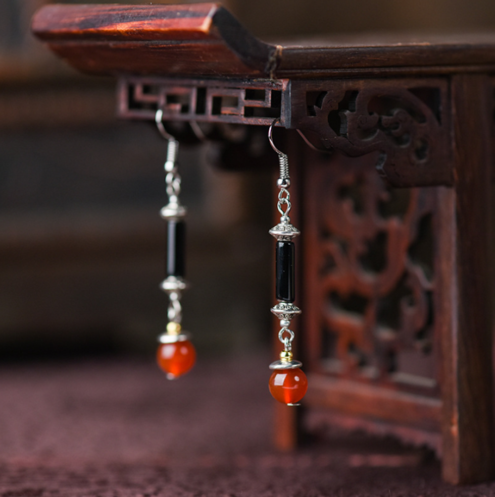 Vintage Black/Red Agate Earrings Minimalist Long Dangle Earrings - Zealer