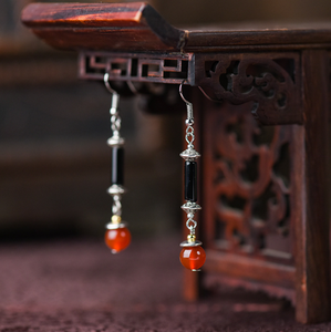 Vintage Black/Red Agate Earrings Minimalist Long Dangle Earrings