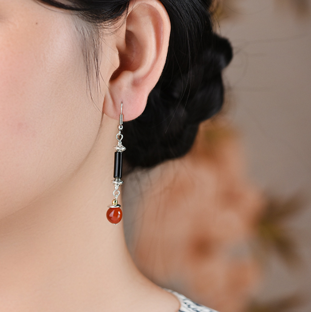 Vintage Black/Red Agate Earrings Minimalist Long Dangle Earrings - Zealer