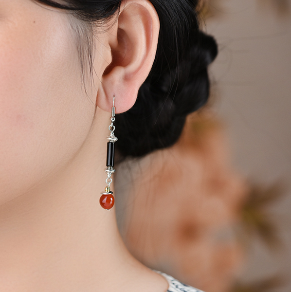 Vintage Black/Red Agate Earrings Minimalist Long Dangle Earrings