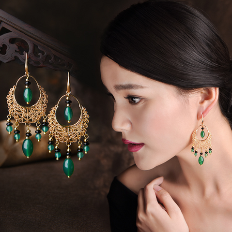 Vintage Green Agate Earrings Flower Long Tassels Dangle Earrings