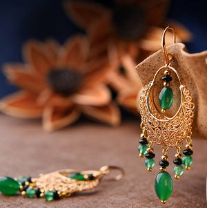 Vintage Green Agate Earrings Flower Long Tassels Dangle Earrings - Zealer