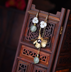 Vintage Asymmetric Ginkgo Leaf Earrings Jade Long Dangle Earrings - Zealer