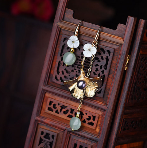 Vintage Asymmetric Ginkgo Leaf Earrings Jade Long Dangle Earrings