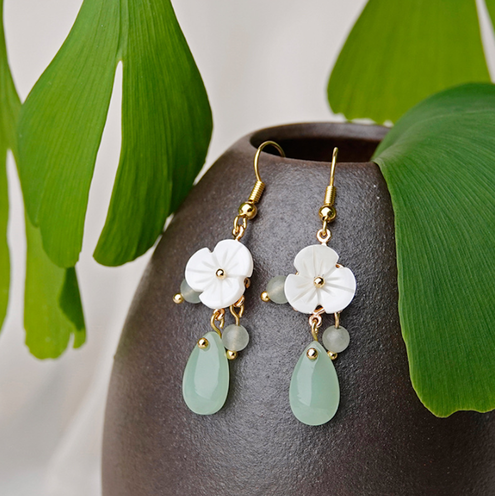 Vintage Green Glaze Earrings Flower Short Dangle Earrings