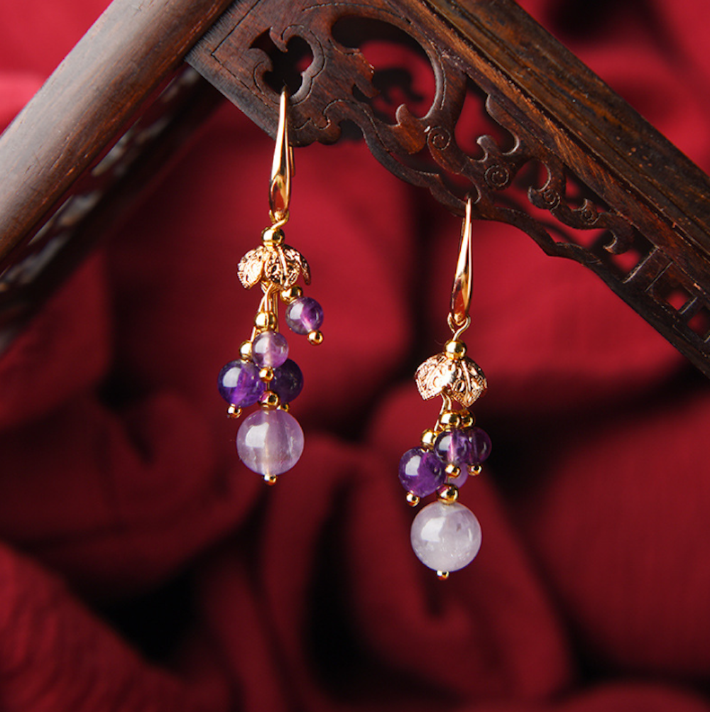 Vintage Purple Crystal Earrings Grapes Short Dangle Earrings