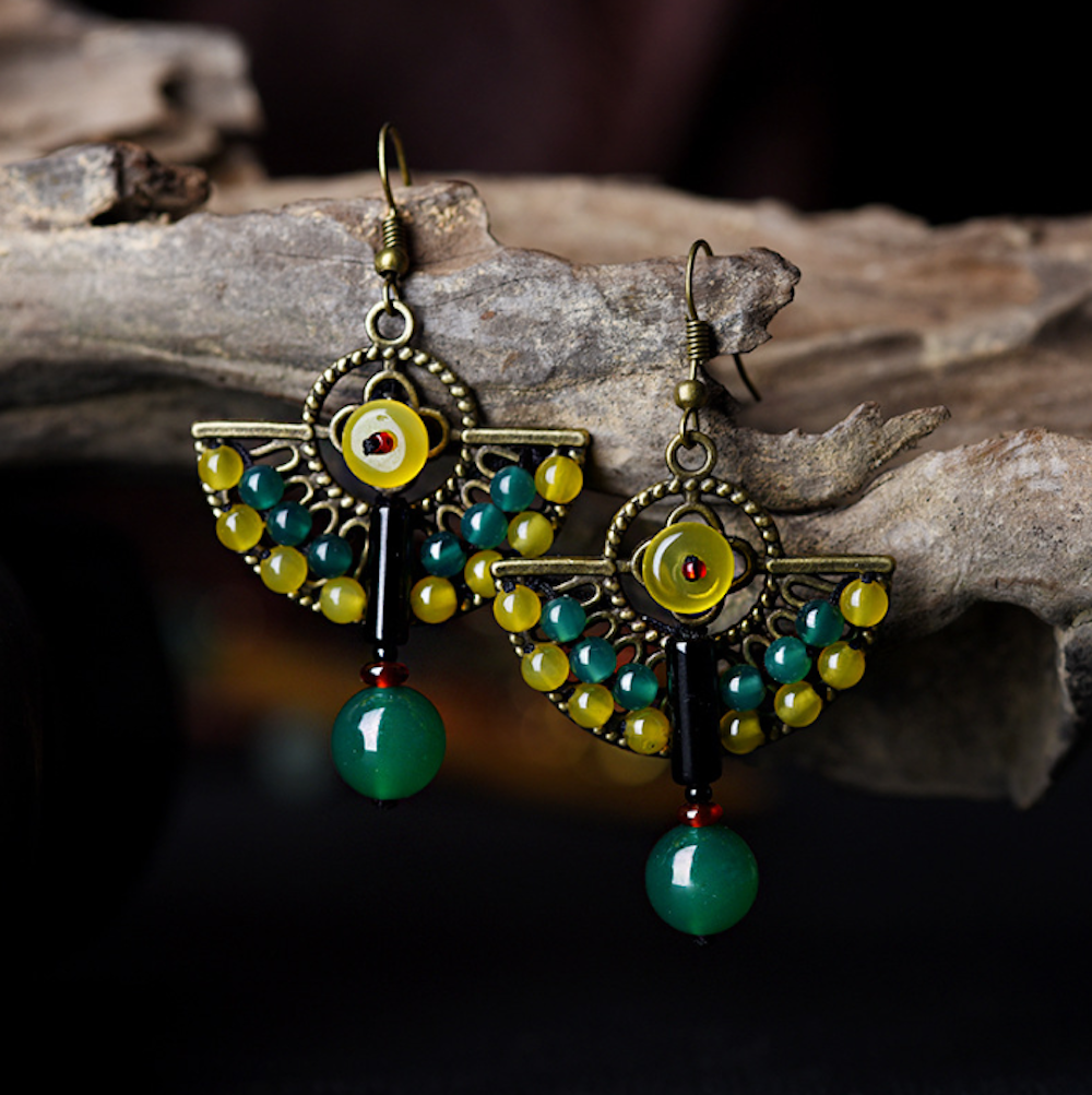 Vintage Colorful Agate Earrings Beads Fan Long Dangle Earrings