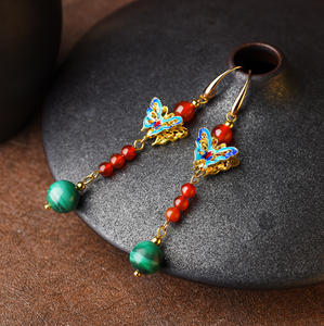 Vintage Red Agate Earrings Butterfly Long Dangle Earrings