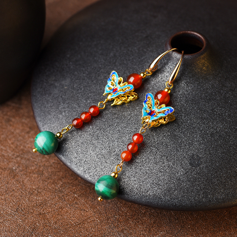 Vintage Red Agate Earrings Butterfly Long Dangle Earrings