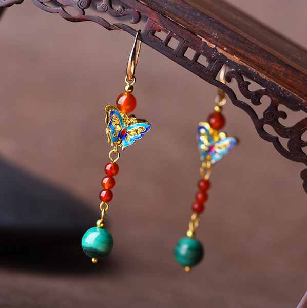 Vintage Red Agate Earrings Butterfly Long Dangle Earrings