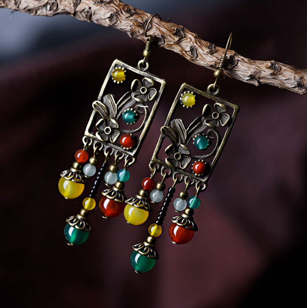 Vintage Colorful Agates Earrings Rectangle Long Dangle Earrings