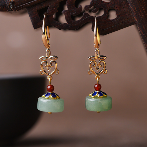 Vintage Green Jade Earrings Flower Short Dangle Earrings