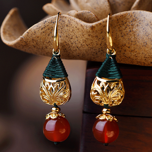 Vintage Red Agate Earrings Flower Short Dangle Earrings - Zealer