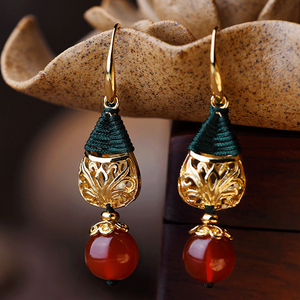 Vintage Red Agate Earrings Flower Short Dangle Earrings