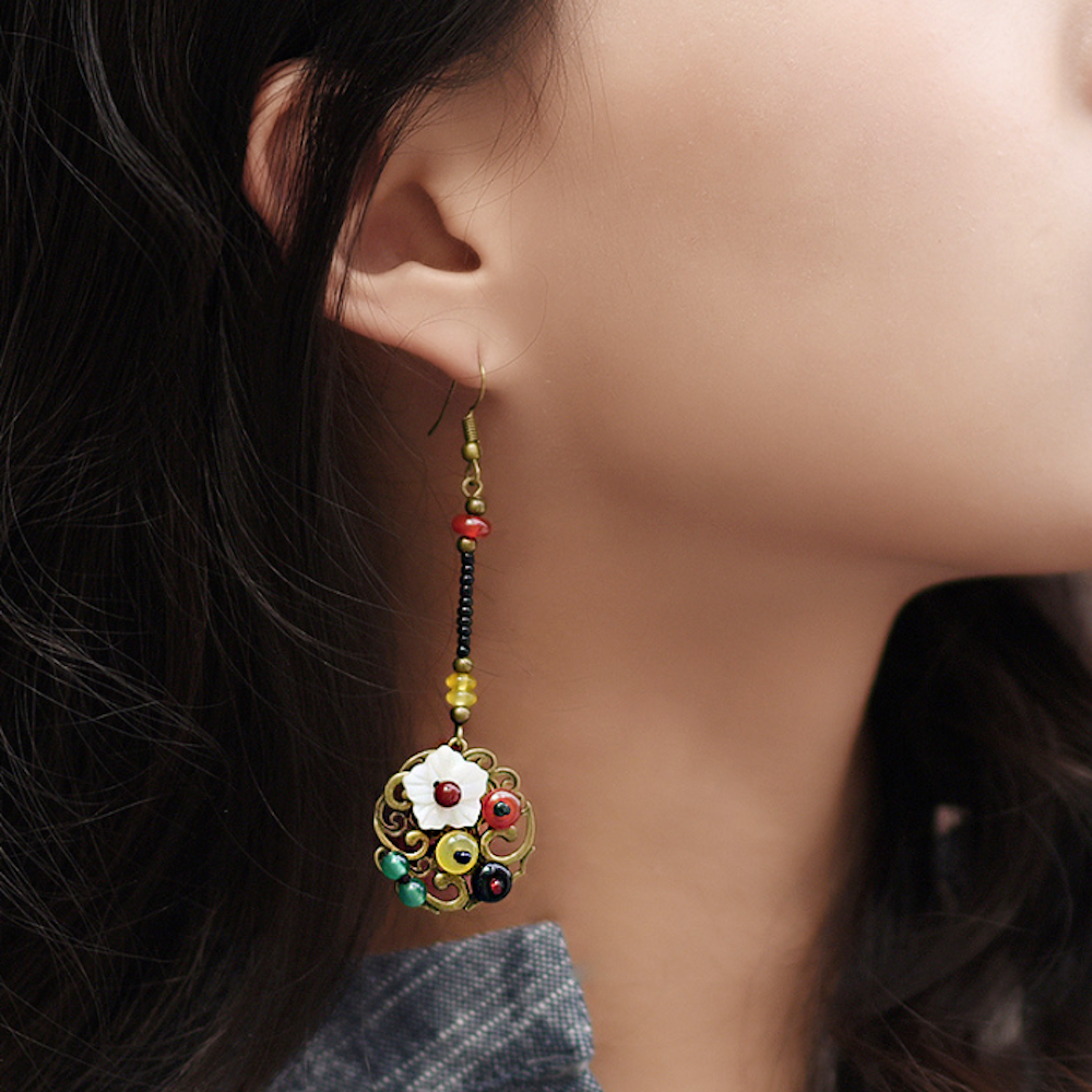 Vintage Colorful Agate Earrings Flower Long Tassel Dangle Earrings