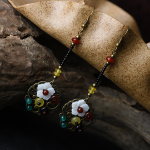 Vintage Colorful Agate Earrings Flower Long Tassel Dangle Earrings - Zealer