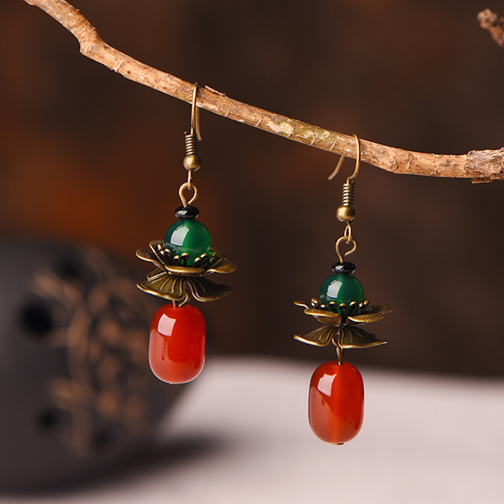 Vintage Red Agate Earrings Beads Long Dangle Earrings