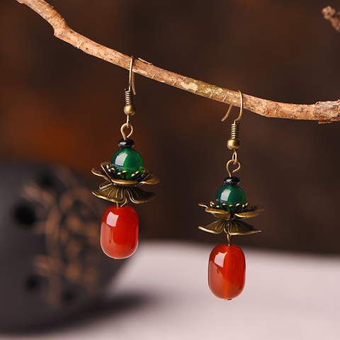 Vintage Red Agate Earrings Beads Long Dangle Earrings