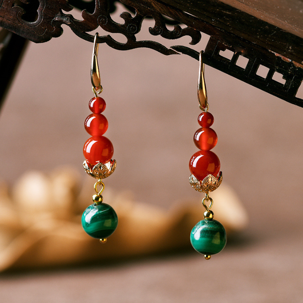 Vintage Red Agate Earrings Beads Long Dangle Earrings