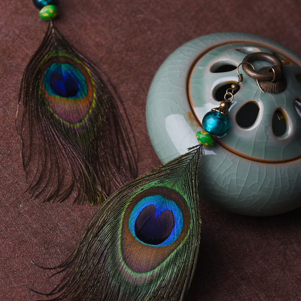 Vintage Peacock Earrings Long Tassel Dangle Earrings