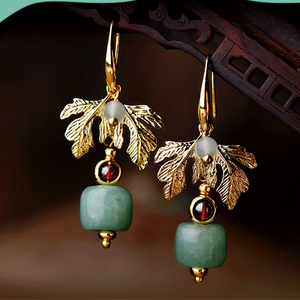 Vintage Green Jade Earrings Leaf Short Dangle Earrings - Zealer