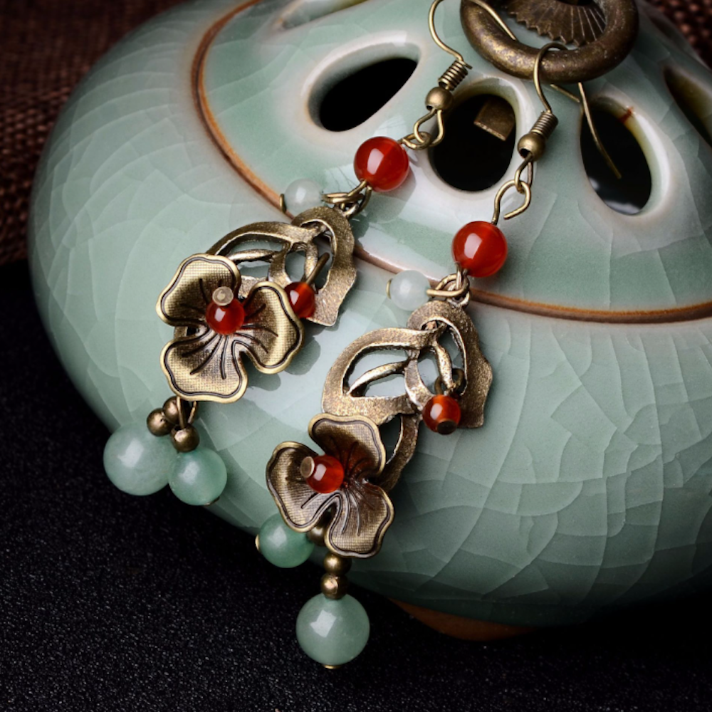 Vintage Agate Jade Earrings Copper Flower Long Dangle Earrings - Zealer