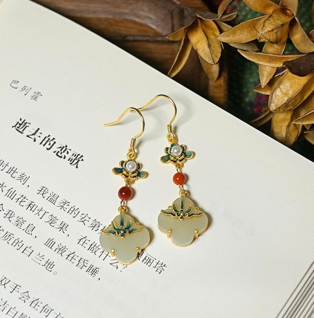 Vintage Gold Plated White Jade Earrings Clover Long Dangle Earrings - Zealer